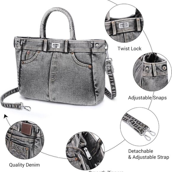 Lightweight Satchel Shoulder Purse for Women with Adjustable Strap - Black Jean - Picture 4 of 6